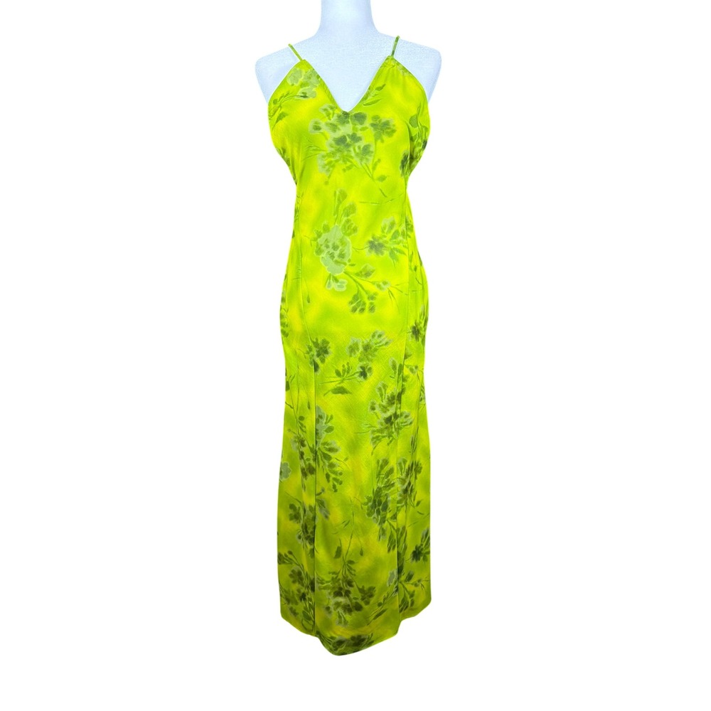 Zara Maxi Dress Womens XS 6929/229/500 Lime Green Floral Linen Blend NEW